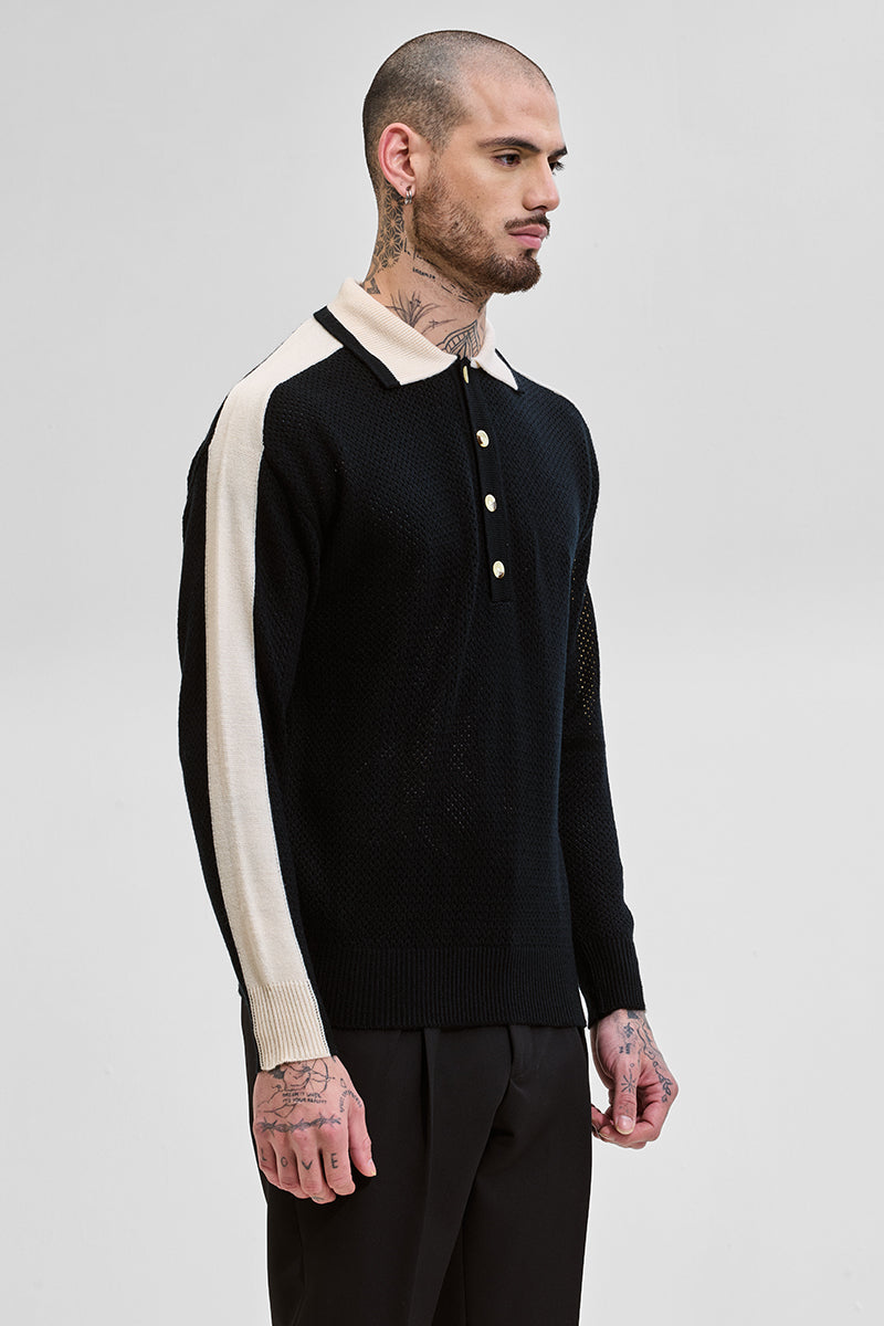 Black Colourblocked Knitted Polo T-Shirt