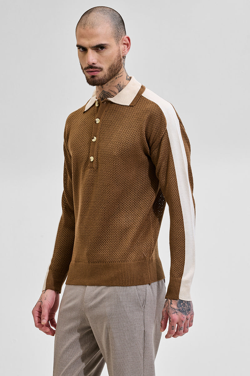 Brown Colourblocked Knitted Polo T-Shirt