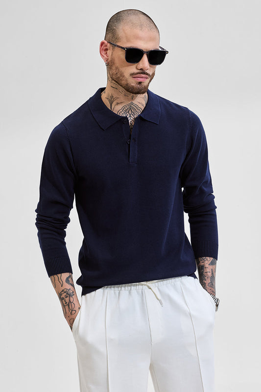 Core Lab Navy Slim Fit Knitted Polo T-Shirt