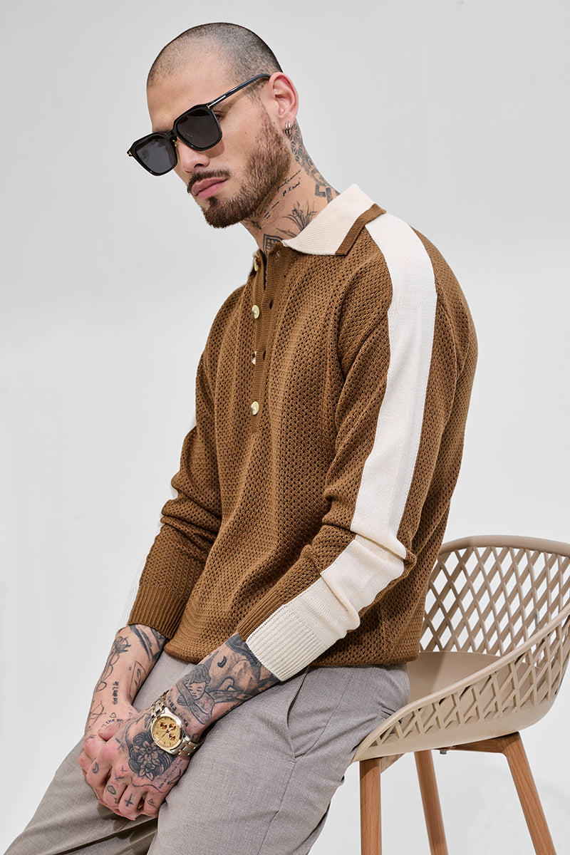 Brown Colourblocked Knitted Polo T-Shirt