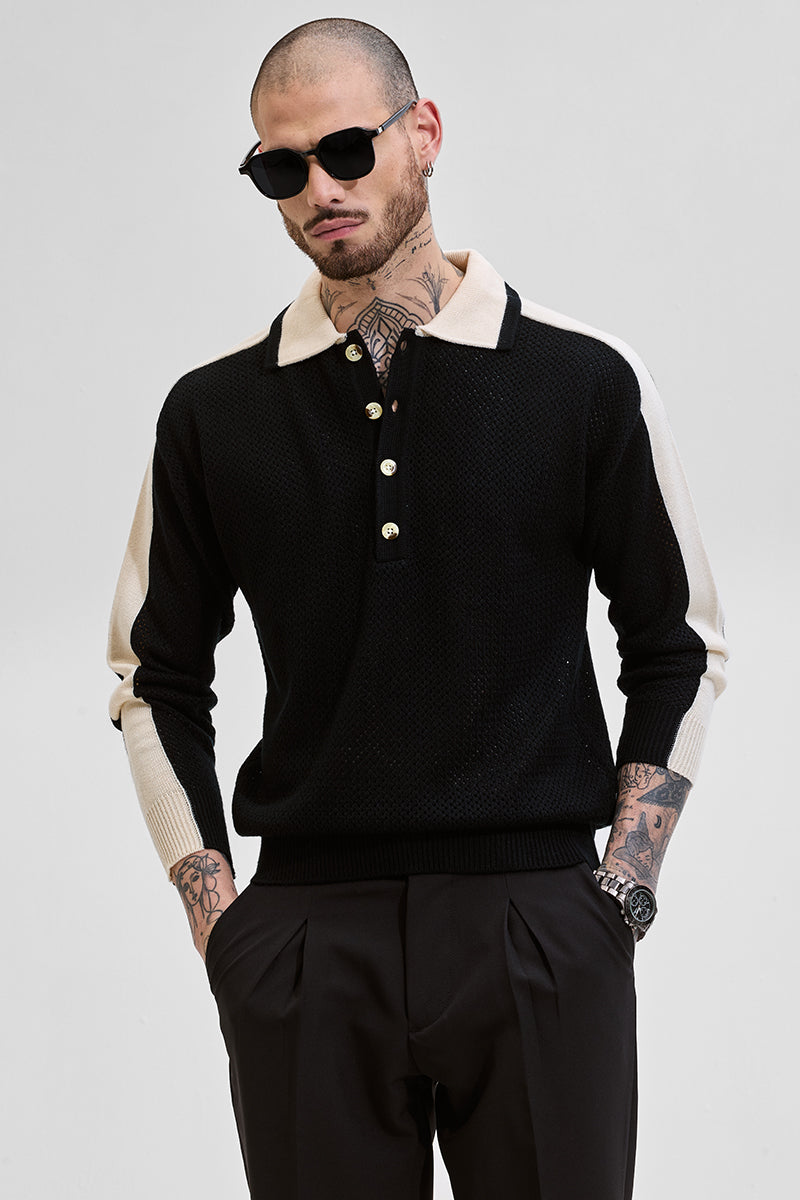 Black Colourblocked Knitted Polo T-Shirt